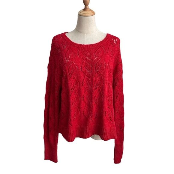 Anthropologie Red Pointelle Open Weave Knit Long Sleeve Sweater Size Medium - Picture 7 of 7